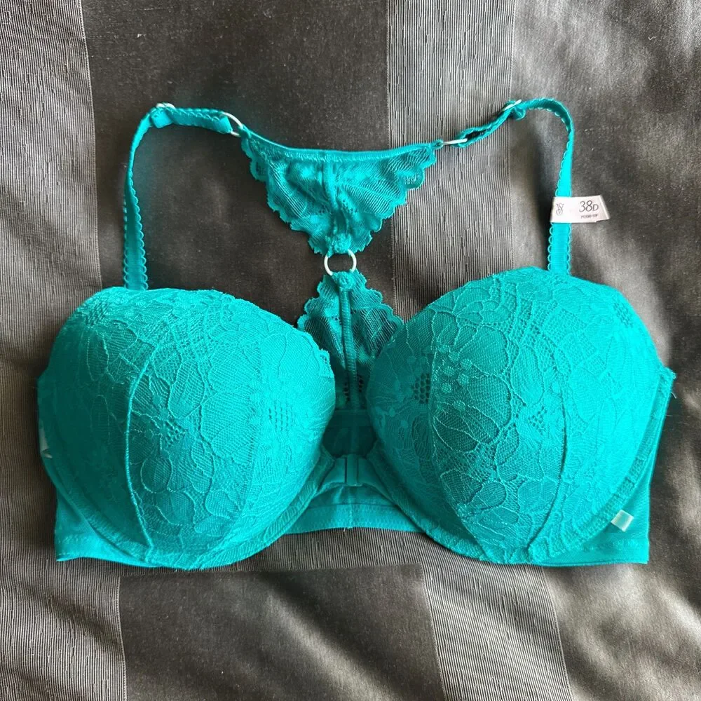 VICTORIA'S SECRET New With Tags Teal Lace Keyhole Racerback Push Up Bra Size 38D